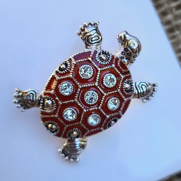 Vintage Crystal Red Silver Turtle Brooch Pin - Picture 4 of 5